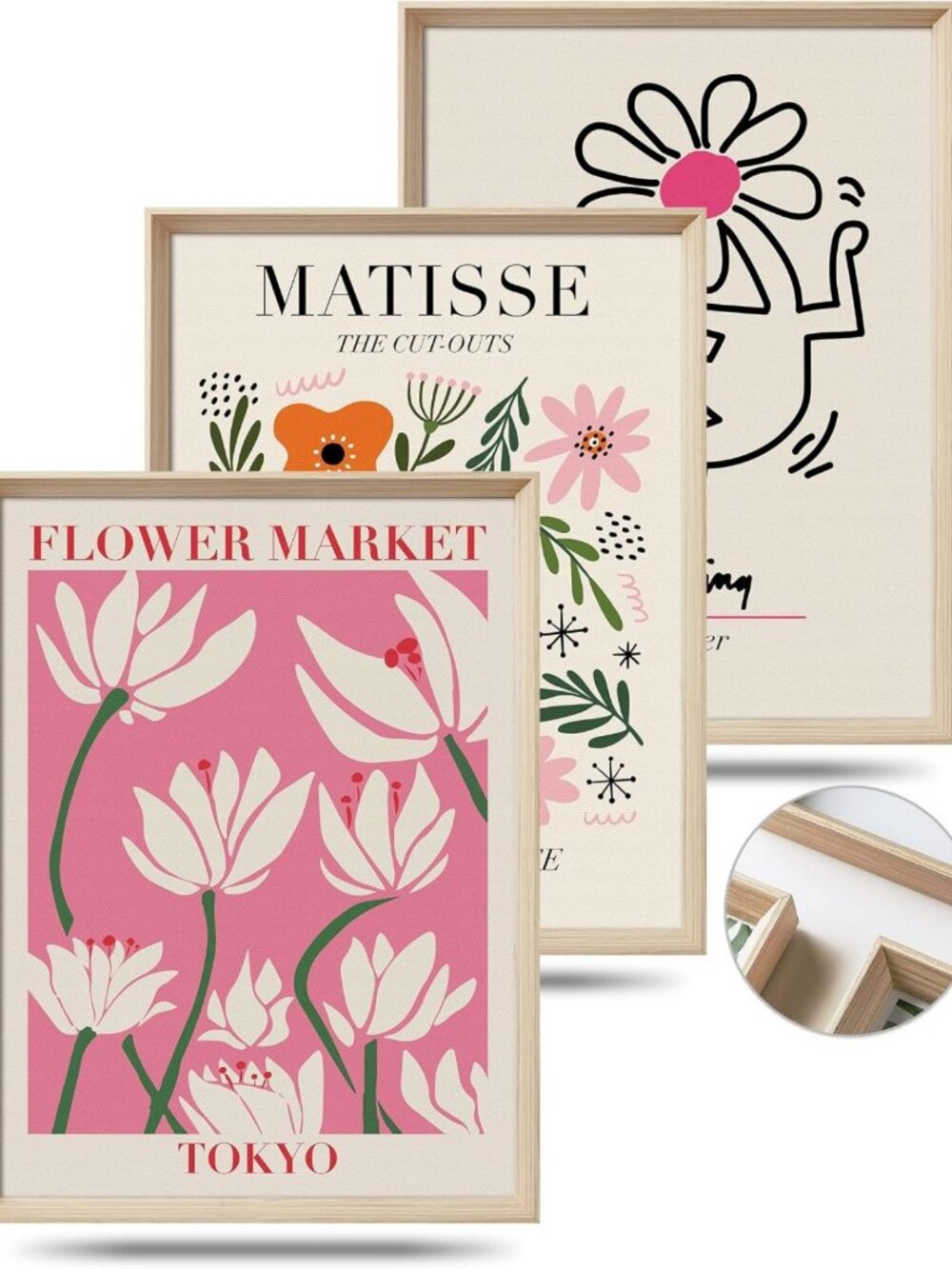 Set of 3 Pink Flower Market Framed Wall Art Prints, 12x16 Inch Home Decor